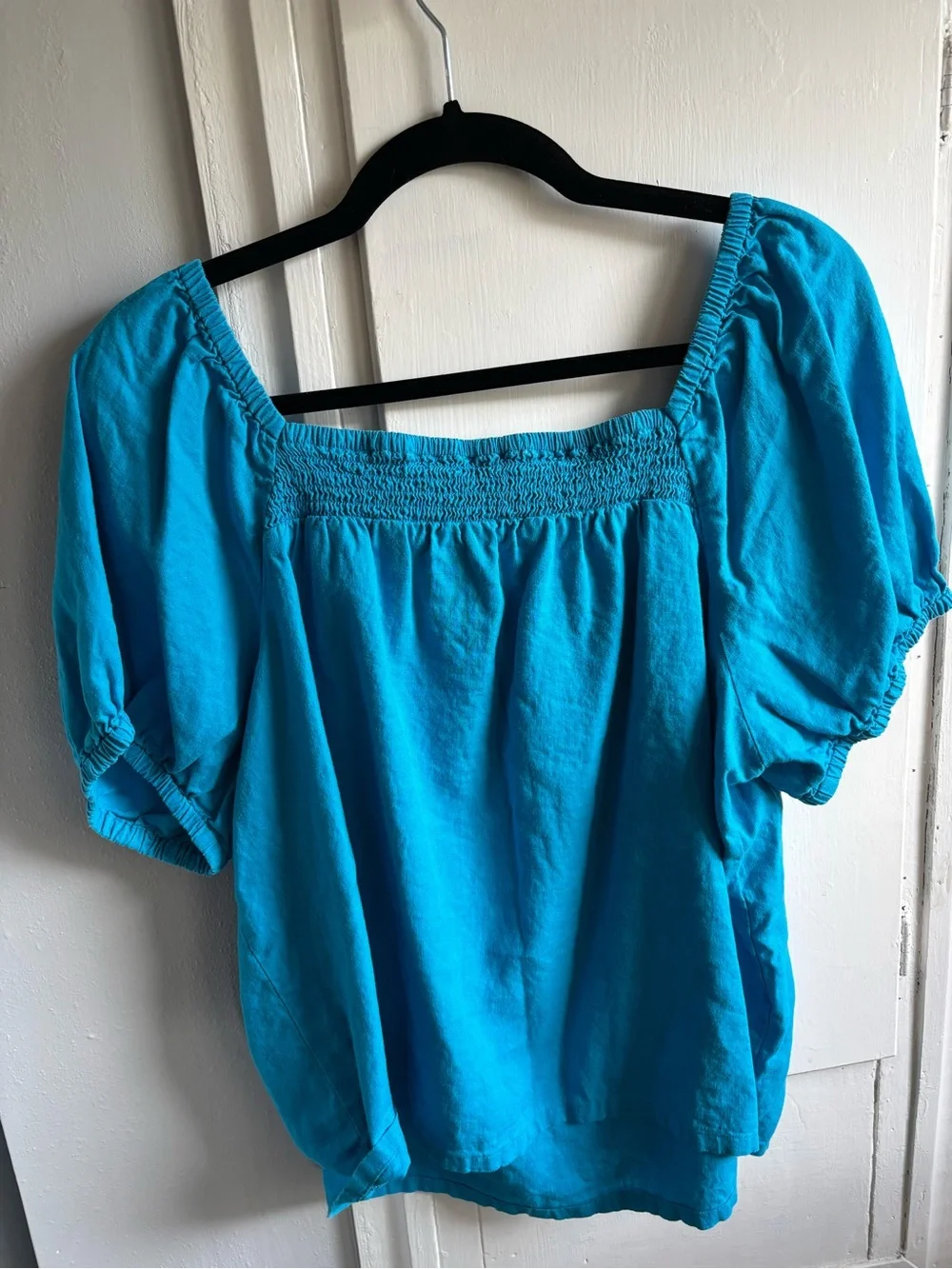 LOFT Bright Turquoise Square-Neck Linen Blend Puff Sleeve Top